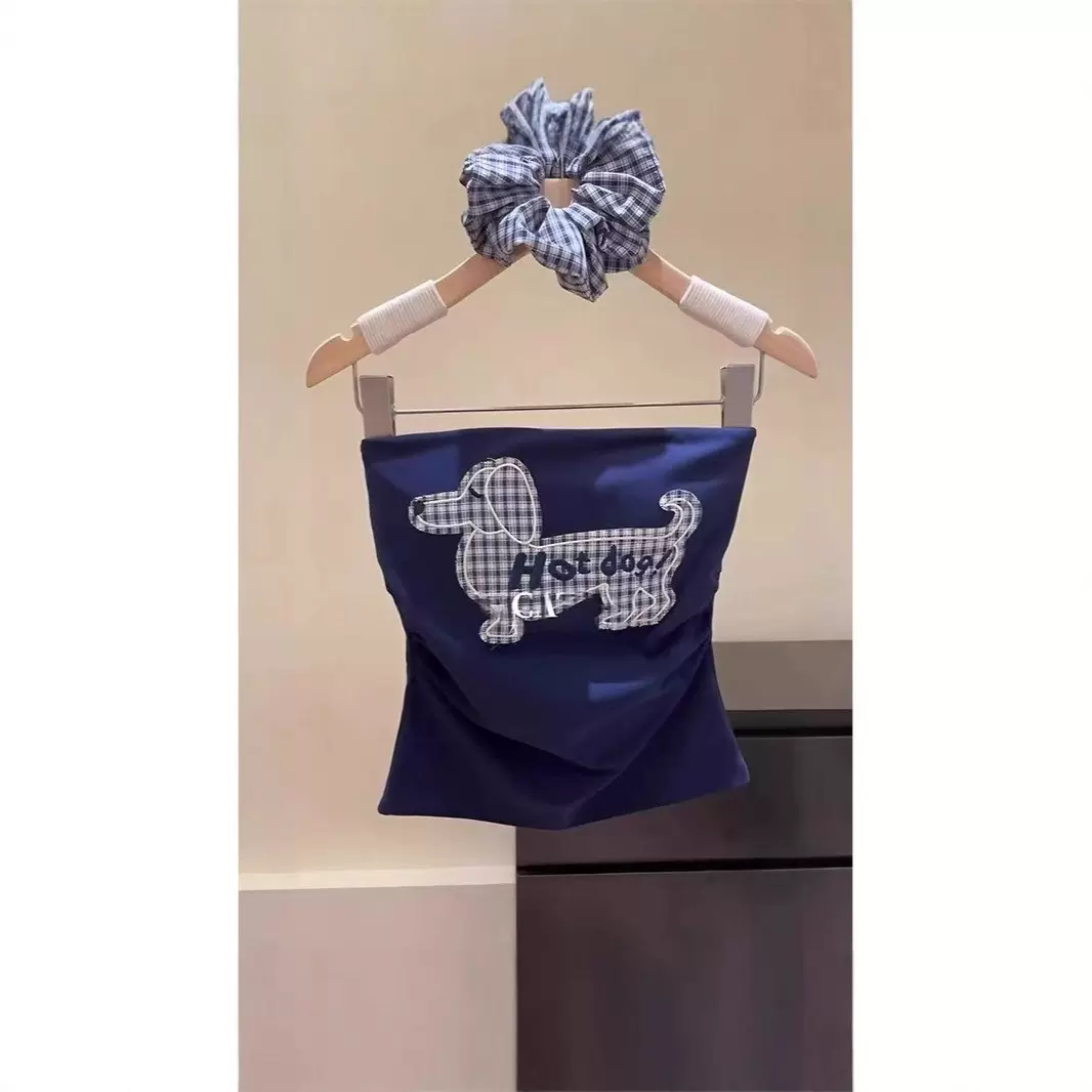 2025夏季新款网红抹胸设计感褶皱小狗收腰不规则背心上衣女