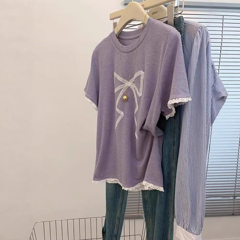 Extra Large Size 120kg Summer Purple Lace Bow Short-Sleeved Top Women's T-Shirt Unique and Super Stylish for Summer Extra Large Size 120kg Summer Purple Lace Bow Short-Sleeved Top Women's T-Shirt Unique and Super Stylish for Summer