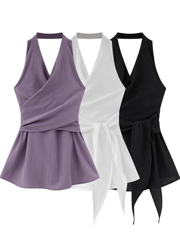 French-Style Purple Chiffon Irregular Sleeveless Shirt for Women, Summer Design with Tie Waist, Halter Neck, Backless Tank Top