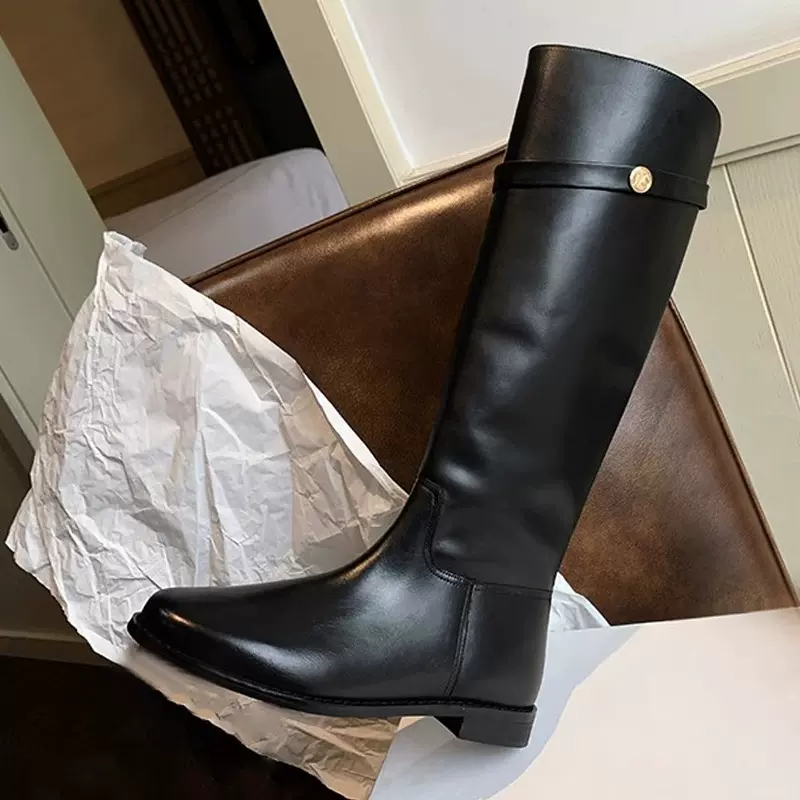 牛皮版~真皮小金币高筒骑士靴女粗跟圆头显瘦宽筒不过膝长靴子