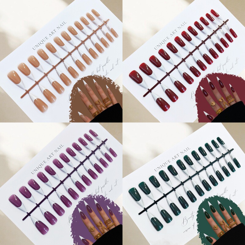 【Packaged Set】Artistic Pointed French Style Nails, European and American Glossy Nail Stickers, False Nails, Wearable Nail Tips, Finished Nail Art 【Packaged Set】Artistic Pointed French Style Nails, European and American Glossy Nail Stickers, False Nails, Wearable Nail Tips, Finished Nail Art