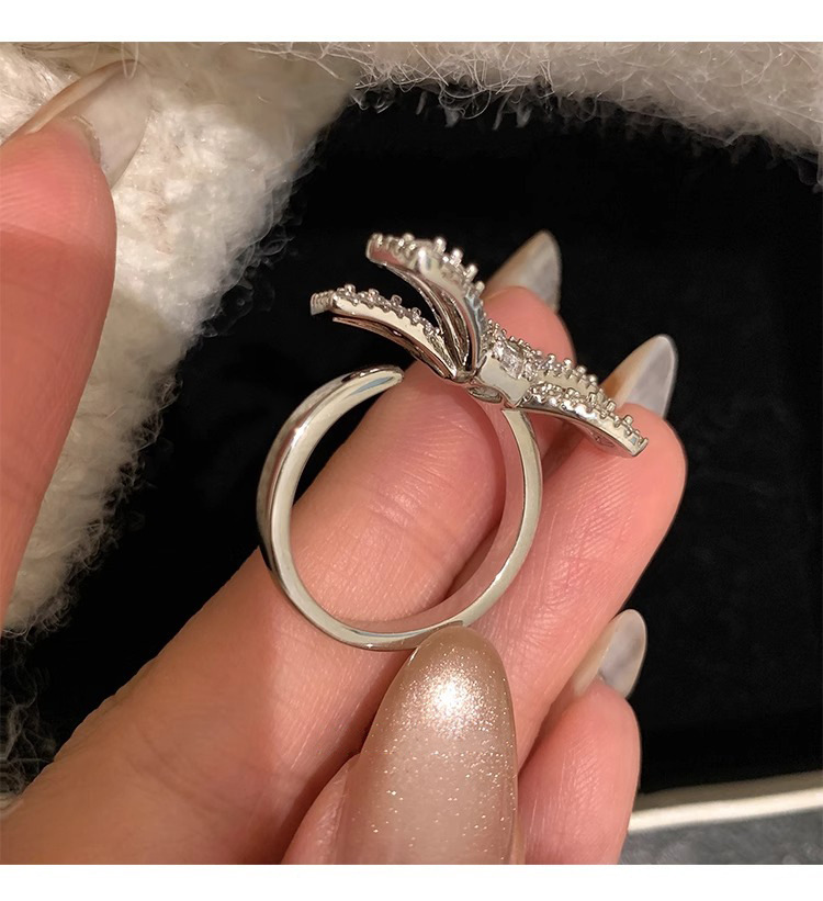 Sterling Silver Bowknot Zircon Ring For Women Adjustable Designer_voghion.com