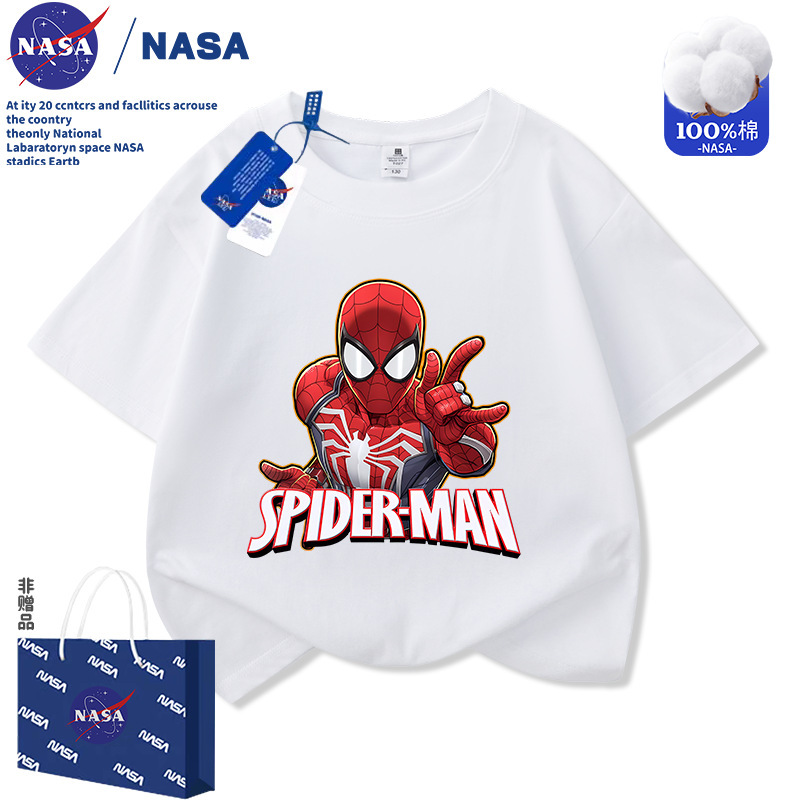 Nasa Marvel Spider-Man Pure Cotton Short-Sleeved Top Summer 2026 New Fashion Trendy Cool Half-Sleeved T-Shirt for Boys and Girls