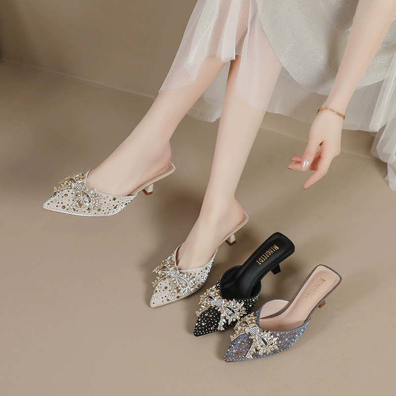 Ледяные шлепанцы со стразами на высоком каблуке женские летние модные остроконечные шлепанцы на каблуках