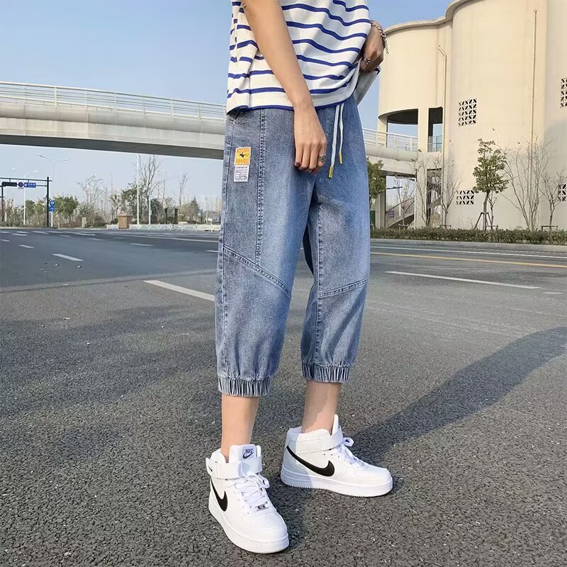 Summer Thin Cropped Jeans for Men, Korean Style Trendy Loose Cropped Leggings, Workwear Casual Harem Pants