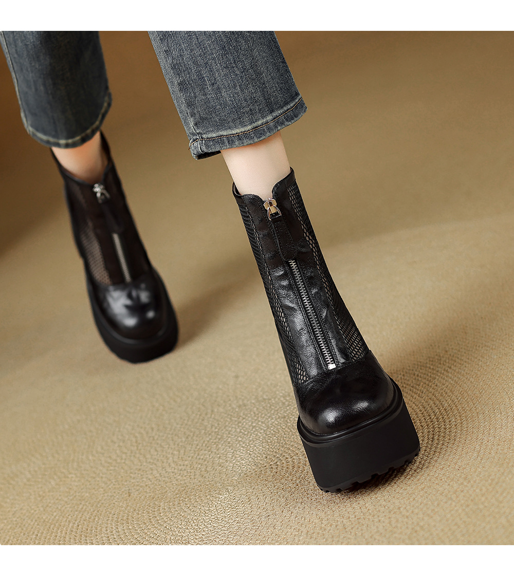 Boot nữ đế dày cao gót lưới thoáng khí kéo khóa trước phong cách combat — màu đen chi tiết 6