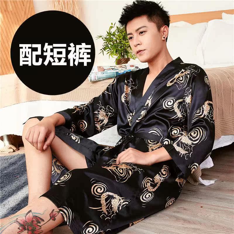 Cross-Border Silk Nightgown for Men, Summer Long-Sleeved Thin Ice Silk Bathrobe, Men's Mid-Length Spring and Autumn Pajamas, Home Wear
