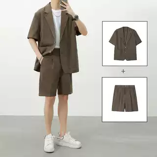 夏季短袖冰丝西服套装男2025宽松色薄款西装外套短裤两件套