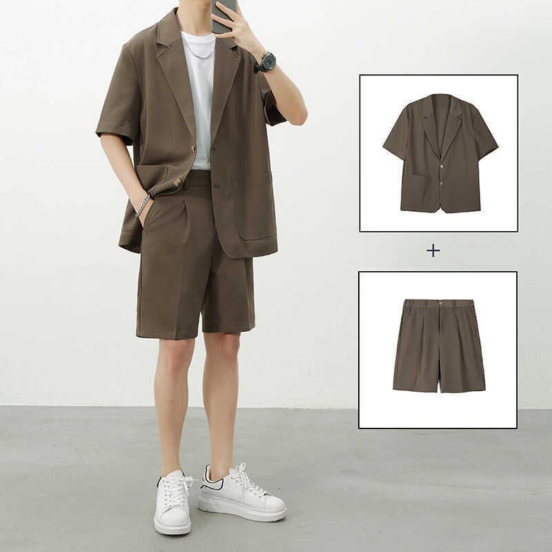 Summer Short-Sleeved Ice Silk Suit Suit for Men 2025 Loose Color Thin Suit Jacket Shorts Two-Piece Set