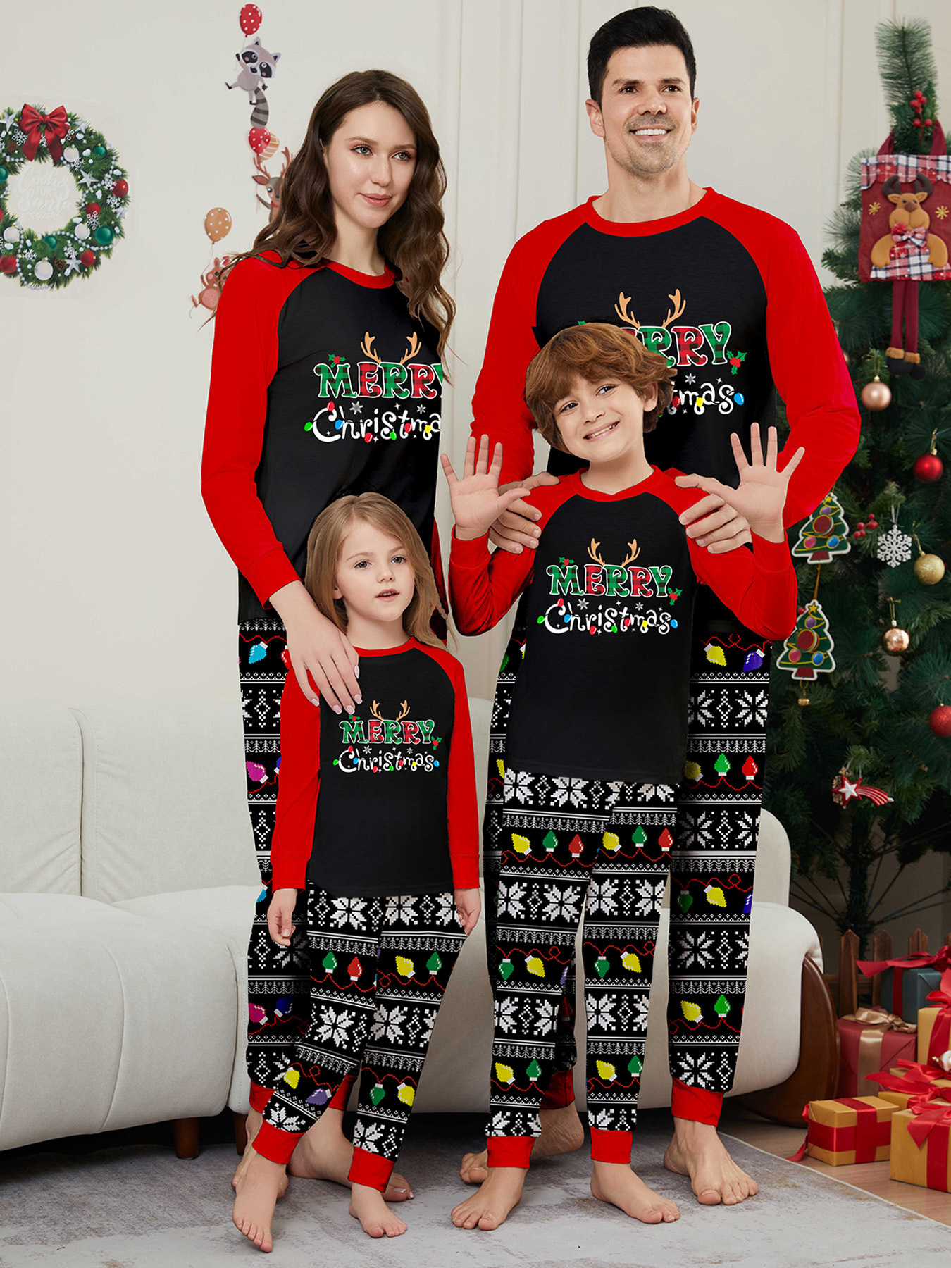 Pyjama imprimé pour la maison avec lettres de Noël et rayures en flocons de neige_voghion.com