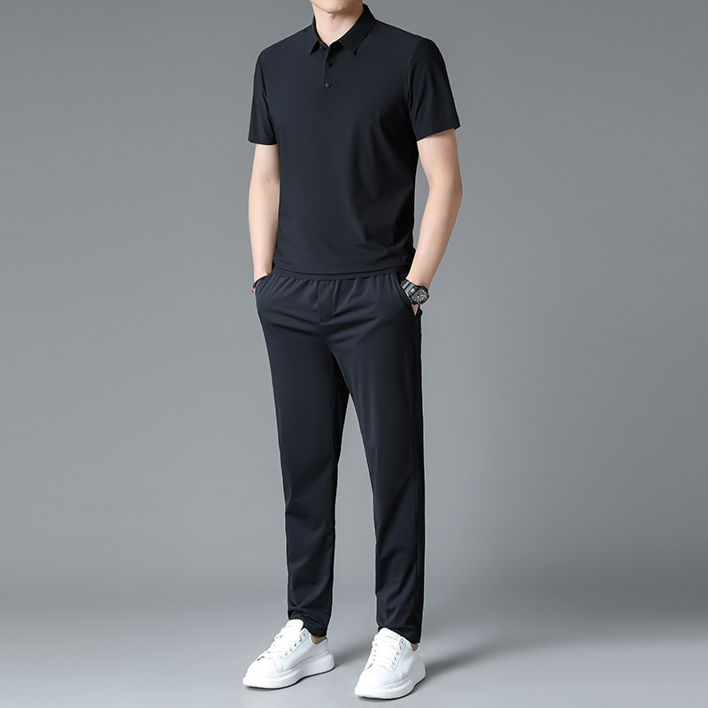 100% Mulberry Silk Business Casual Short-sleeved suit Men's Traceless T-shirt Polo Shirt Two-piece Set for Middle-aged Dad