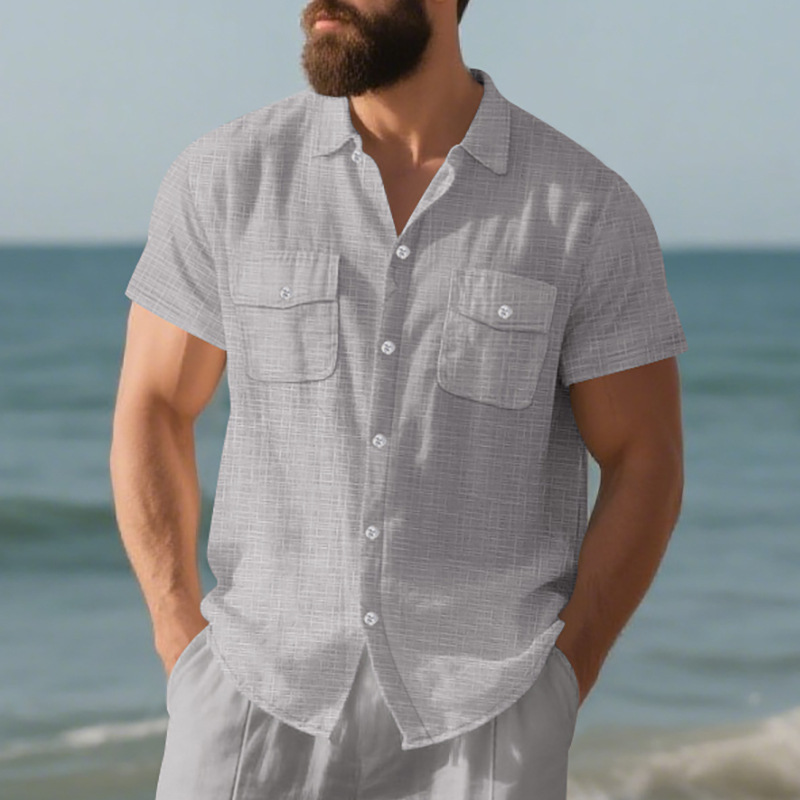 Chemise d'été à manches courtes pour homme, couleur unie, double poche, décontractée, pour les vacances_voghion.com