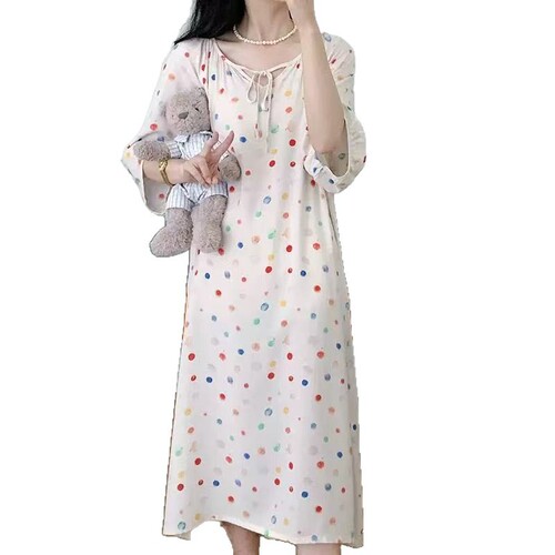 2025 Cotton Satin Nightgown Women's French Long Dress Casual Round Neck Wearable Homecoming Breathable Comfortable Chinese Style Lazy Wind