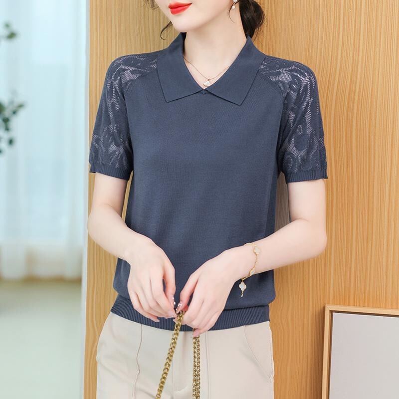 Middle-Aged Mom's Summer Short-Sleeve Shirt, Women's 2026 New Style Collared Top, Thin Ice Silk Knitwear