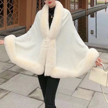 新款仿獭兔毛领披肩斗篷秋冬欧美大码女式针织开衫宽松外套