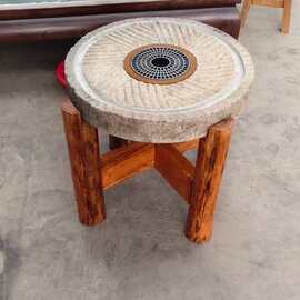 石磨盘石桌复古老磨盘家用庭院围炉茶台石桌中式茶台茶具摆件