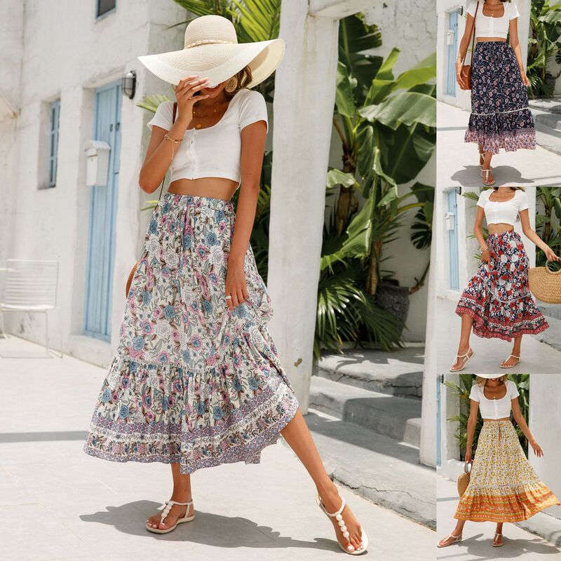 Real Shot of Independent Station Amazon's New Lace Splicing Long Skirt Rayon Bohemian Beach Resort Style Skirt