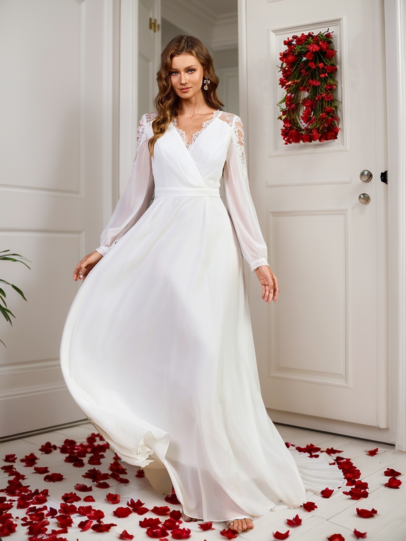 Nuevo Europa y América Hot Sale Amazon vestido de encaje empalmado cintura larga noble vestido de noche vestido de novia chiffon