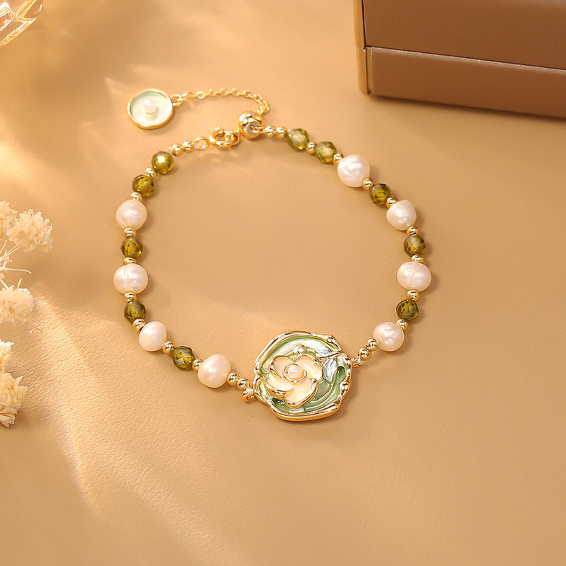 French Retro Oil Painting Rose Natural Pearl Bracelet Monet Garden Summer New Product Adjustable Beads Wholesale