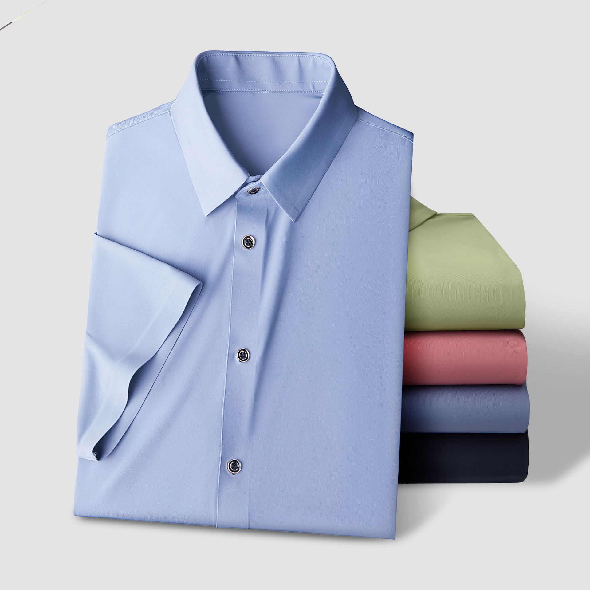 2024 Camisa casual de manga corta de negocios para hombre Camisa delgada sin costuras elásticas de seda de hielo de verano sin planchar para hombre