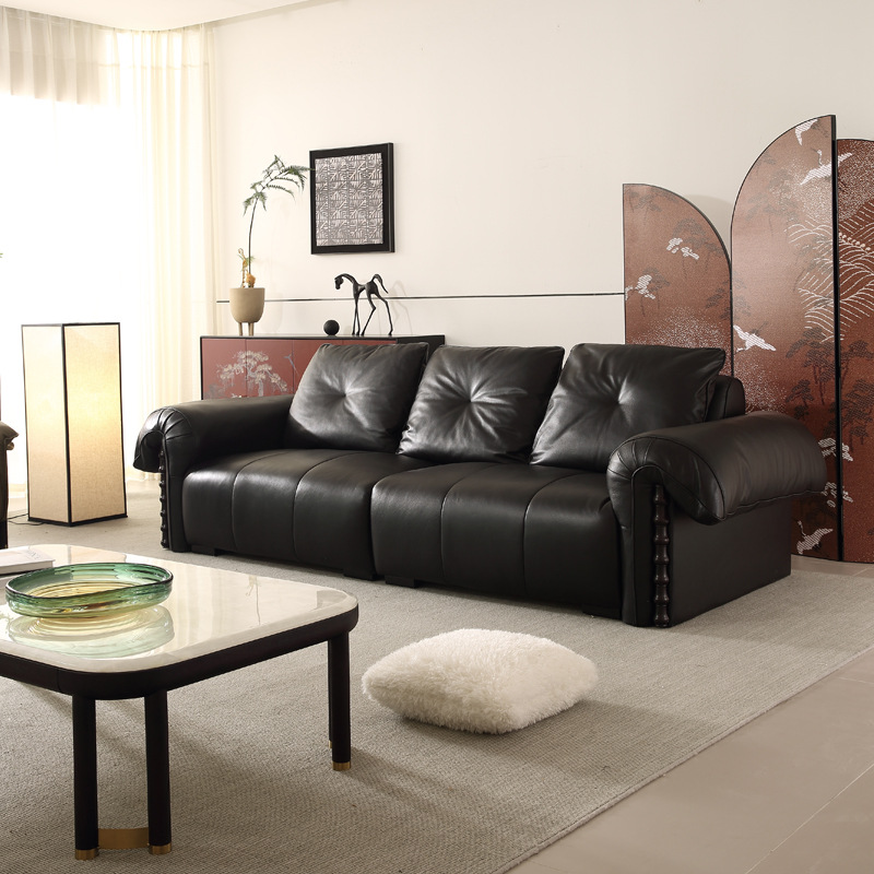 Medieval Style White Wax Solid Wood First Layer Leather Sofa Japanese Modern Simple Log Style Nordic Living Room Small Apartment