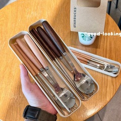 木柄高级感ステンレススプーン箸フォーク个人セット子供学生ポータブル食器3点セット
