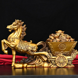 Brass zodiac horse ornaments, copper horse-drawn carriage with a full load, home office decoration, housewarming and opening decoration gifts