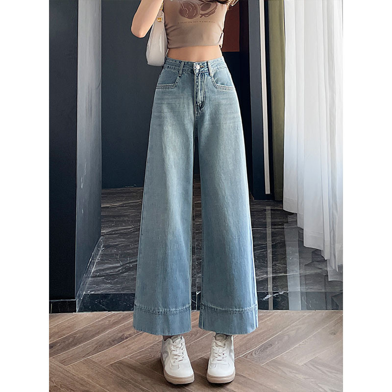 小柄な女性のための夏の薄いワイドレッグジーンズ2025新しいストレートレッグルーズスリミングハイウエスト9点パンツ|undefined