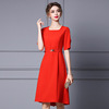 Summer temperament square neck red short sleeve waist A-line skirt