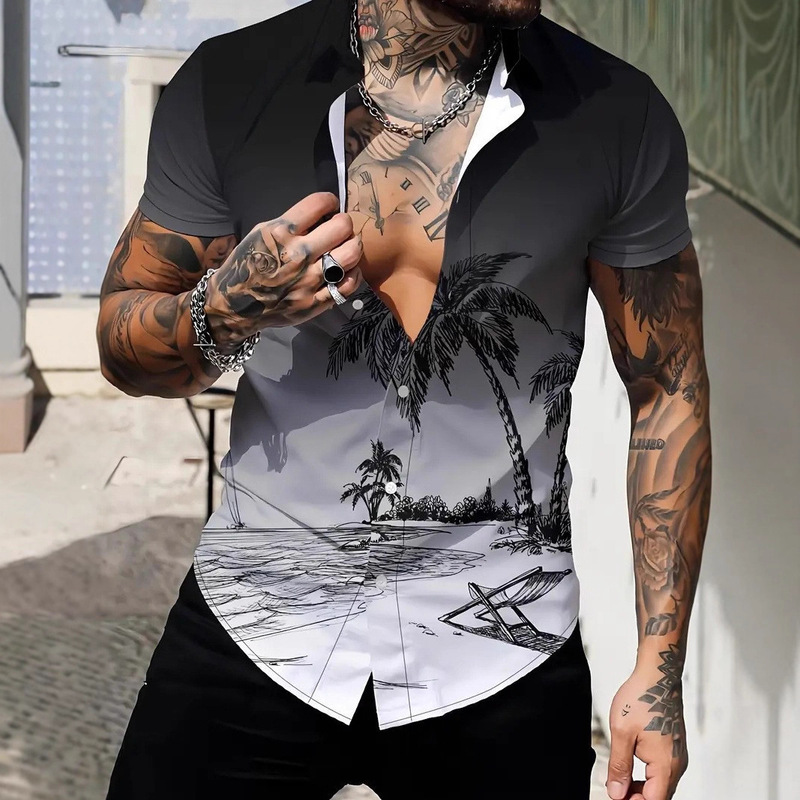 Independent Station New Cross-Border Amazon Creative Picture Summer Casual Loose Short-Sleeved Shirt Hawaiian Men's Clothing