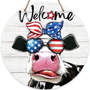 4 July Patriotic Bull Front Door Sign, Wooden Porch Decoration, US Independence Day Memorial