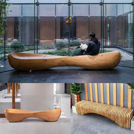 大型长条实木木质座椅博物馆大堂休闲区等候凳公共休息区艺术座椅