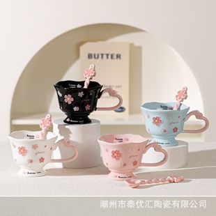 High-value Cherry Blossom Ceramic Mug Girls' Heart Cup for Girlfriends Accompanying Gift Water Cup with Spoon Gift Coffee Cup
