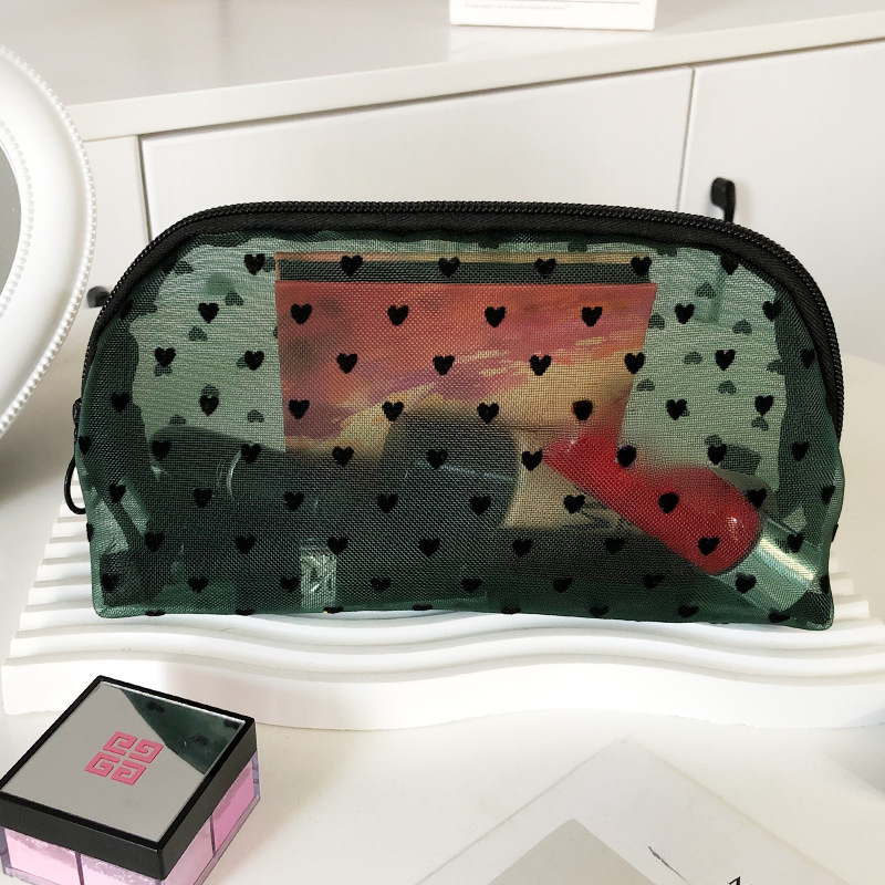 New Ins Love Flocking Powder Mesh Makeup Bag Girls' Heart Portable Washing Large Capacity Breathable Lipstick Trade
