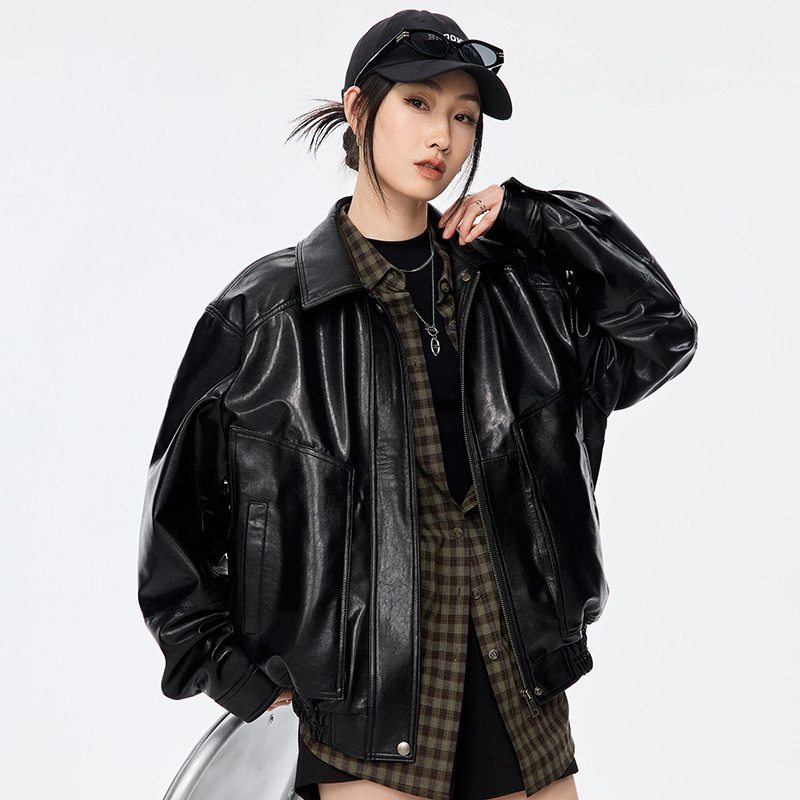 Trendy Haining Leather Jacket for Women 2026 Spring Waxed Vegetable-Tanned Sheepskin Genuine Leather Black Workwear Jacket