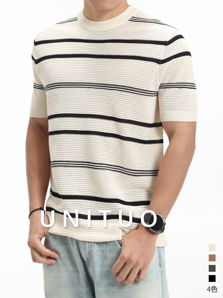 Verano hombre de alta sensación nueva camiseta de punto de seda de hielo de manga corta hombre de moda pesada camiseta de cuello redondo casual ropa de hombre
