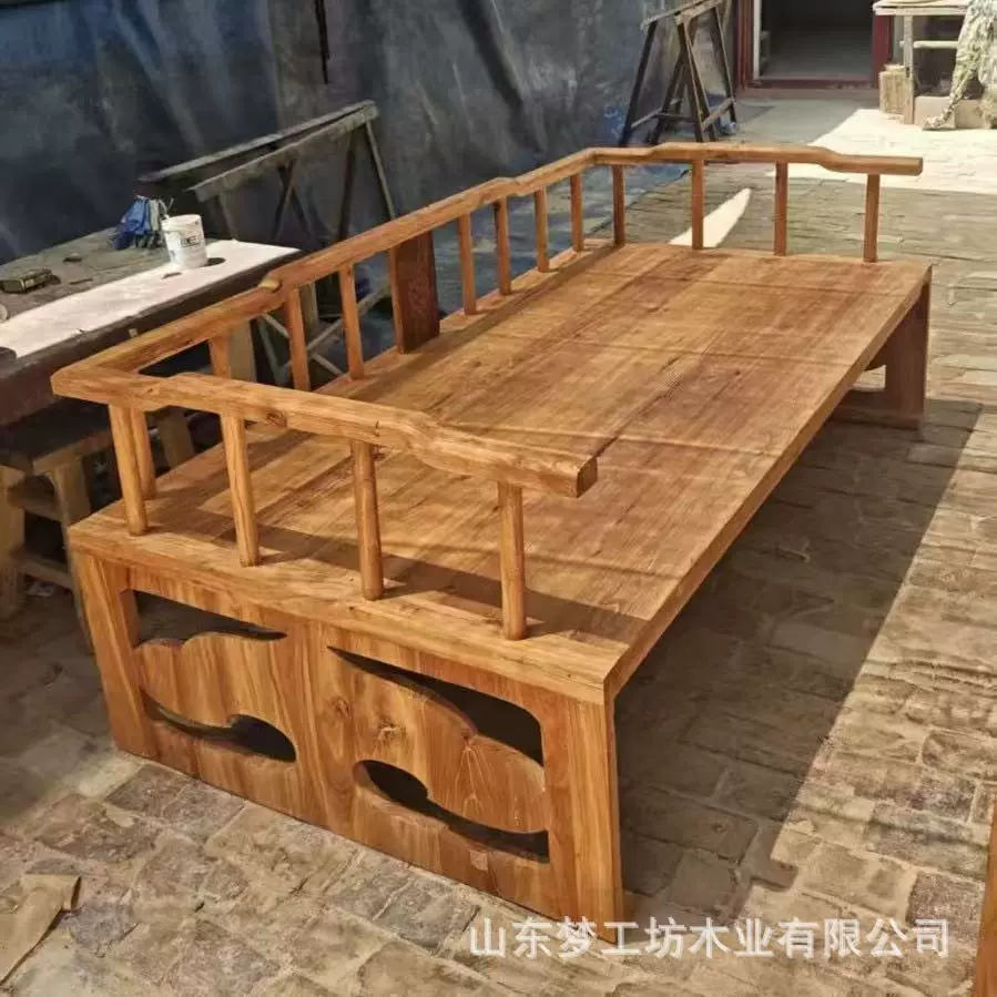 禅意老榆木罗汉床中式老榆木沙发椅躺椅仿古家用老榆木贵妃床榻