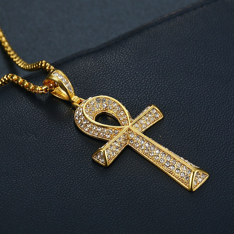 1 Piece Quantity Hip-Hop Cross Key Titanium Steel Plating Rhinestones 18K Gold Plated Men's