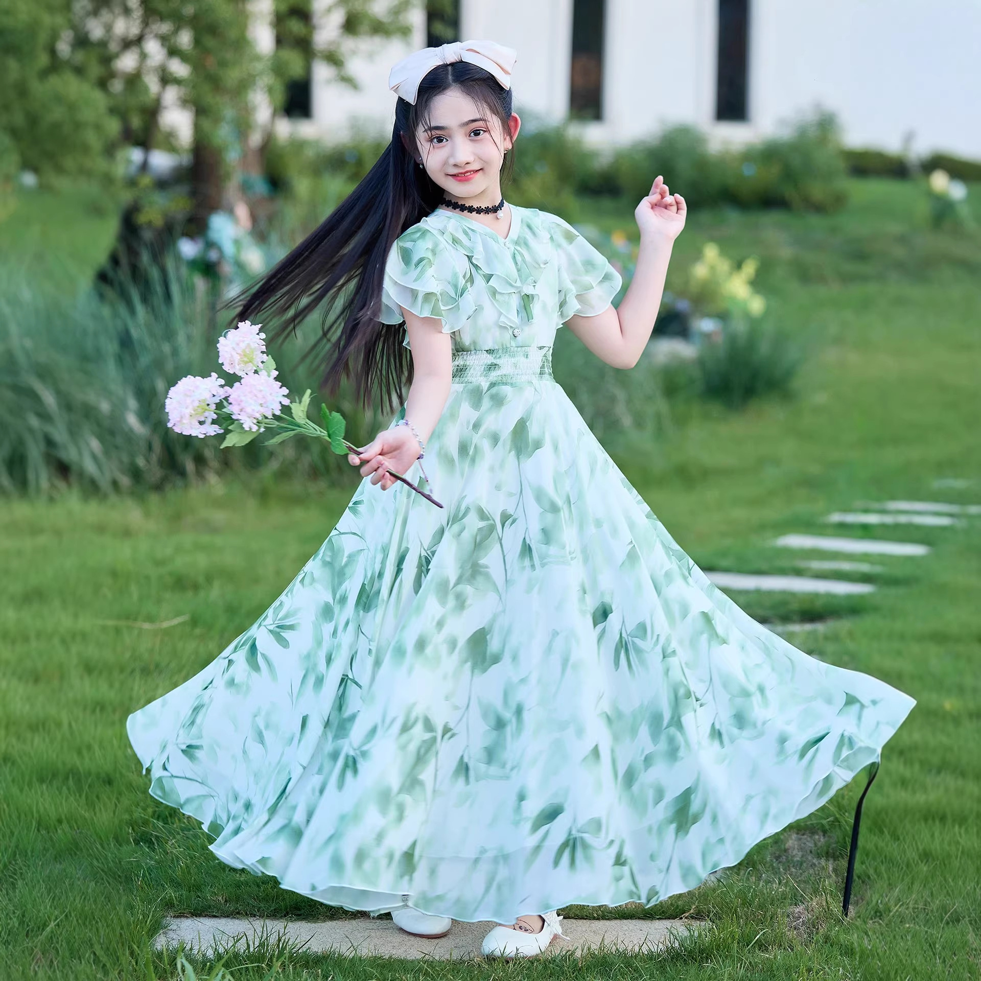 Summer Girl's dress 2025 New Little Girl's Korean Style Children's Floral Long Dress Big Children's Summer Chiffon Skirt