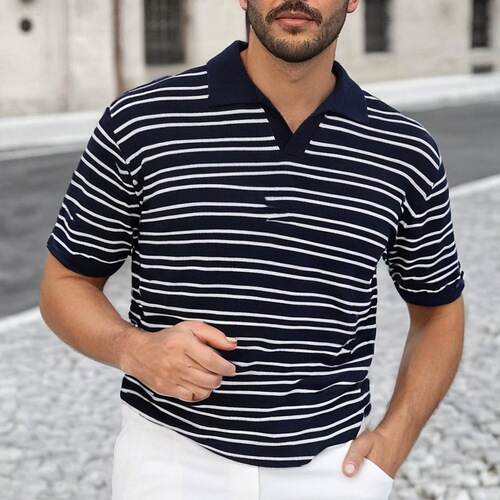 2025 Summer V-Neck Ice Silk Striped Polo Shirt for Men, Simple and Fashionable, Turn-up Collar Short Sleeve T-Shirt