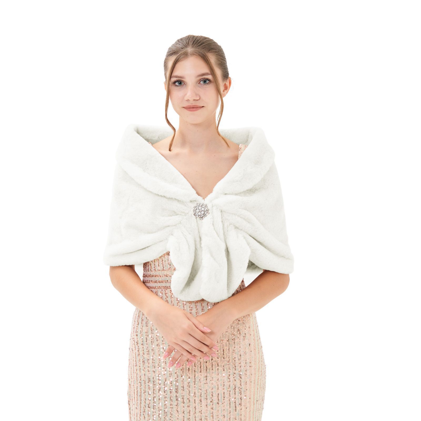 Autumn and winter bridal shawl, faux fur, warm outerwear, evening gown, off-the-shoulder, fluffy cape, with brooch and scarf