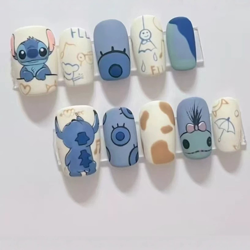 Blue and cream-colored short square cartoon Stitch press-on nails that enhance skin tone, fake nail patches, cross-border factory wholesale