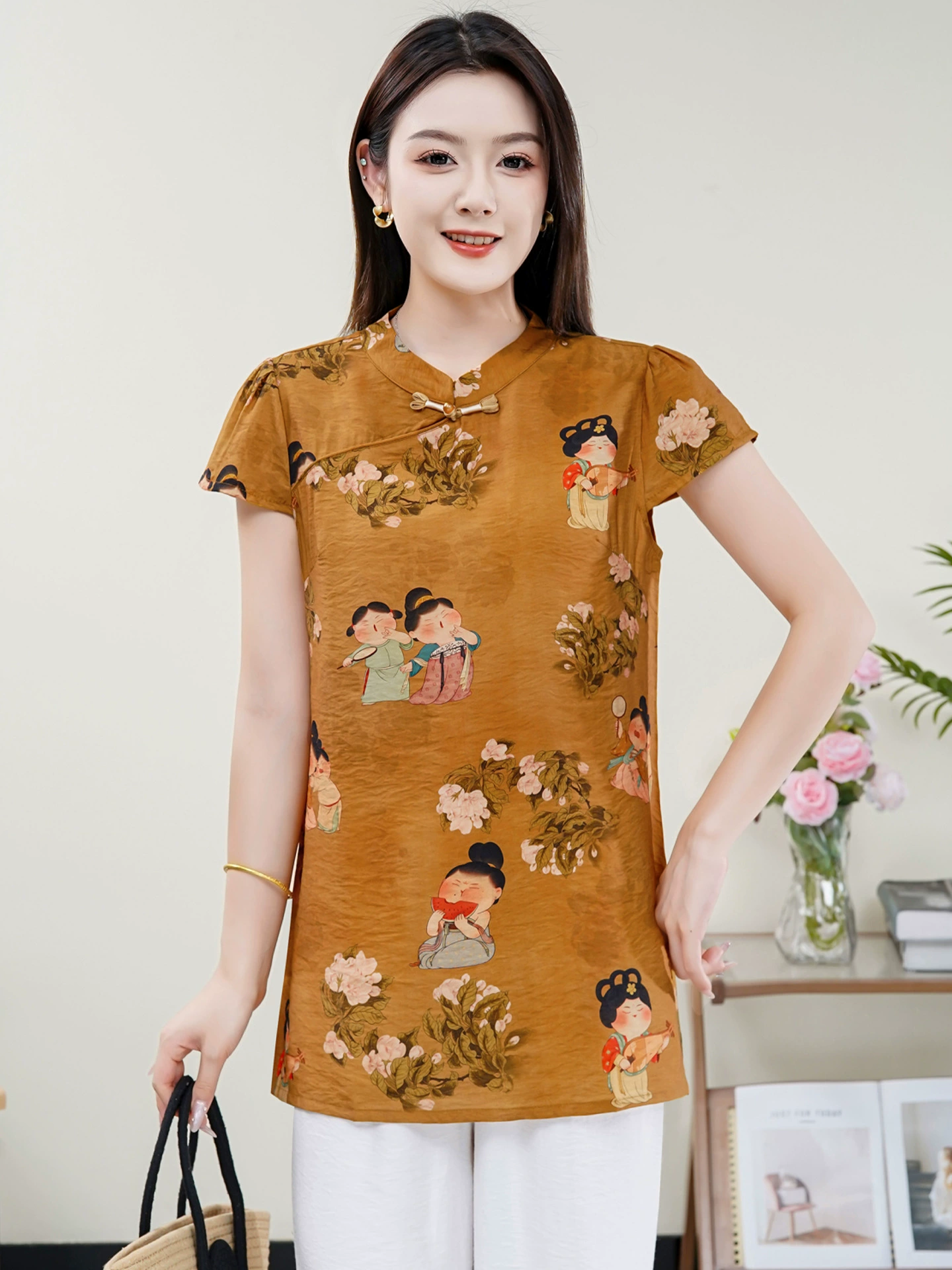 Лето 2025, новый топ-чонсам в китайском стиле с воротником-стойкой и принтом, пуловер средней длины с воротником-стойкой в ​​китайском стиле, футболка с разрезом