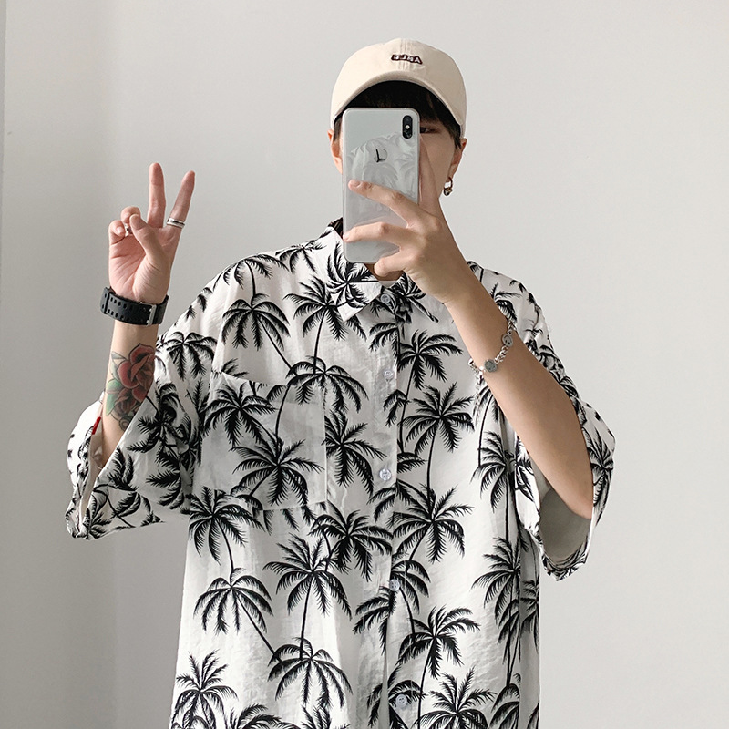 Camisa de manga corta para hombre de estilo de mar de verano Nuevo estilo de Hong Kong más el tamaño de la playa de los hombres de la pareja casual de manga corta impresa camisa de los hombres