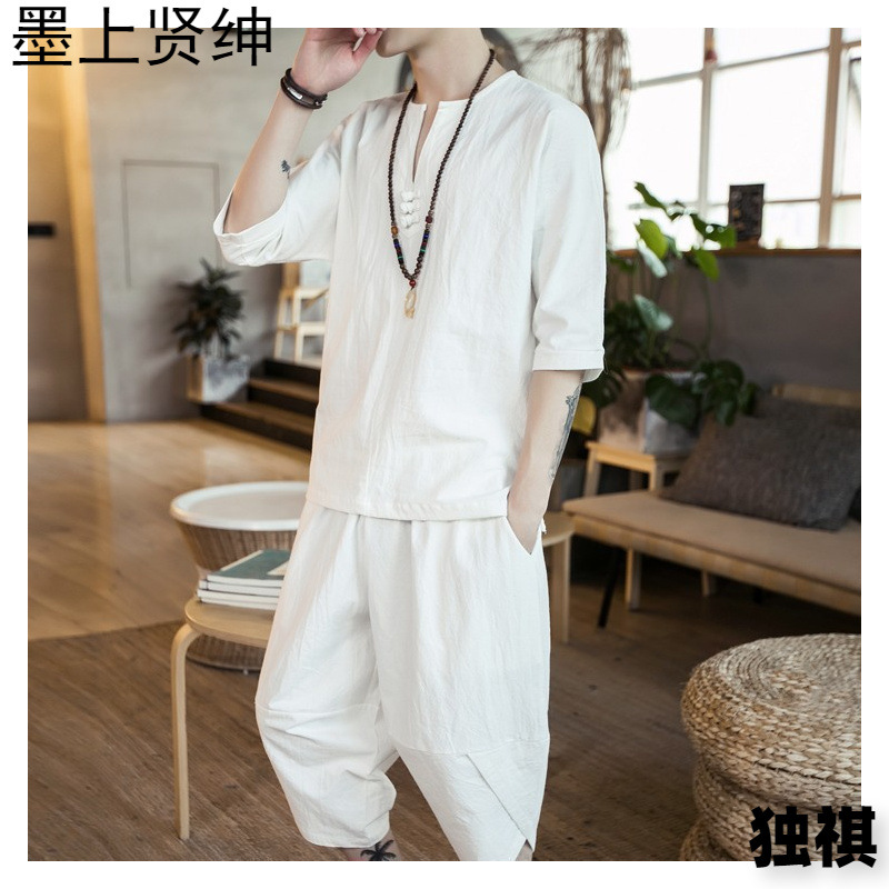 2023 traje casual para hombre estilo chino moda suelta hebilla de disco manga corta camiseta bombachos de dos piezas de algodón y lino al por mayor