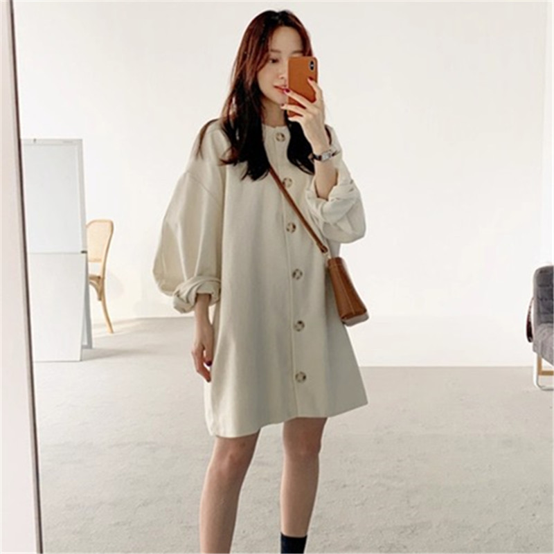 Wholesale Korean Chic Spring & Fall Pure Color Large Size Round Neck Single-Breasted Loose Thin Puff Sleeve Mid-Length Windbreaker Wholesale Korean Chic Spring & Fall Pure Color Large Size Round Neck Single-Breasted Loose Thin Puff Sleeve Mid-Length Windbreaker