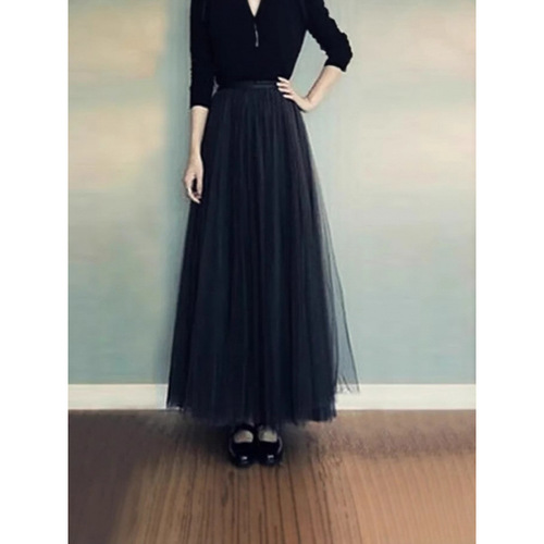 Cherry Blossom and Summer Net Sheath Dress with Medium Length Semi-Skirt Korean Style High-Waist Slimming Matchable A-Word Pleated Pom-pom Sheath Dress