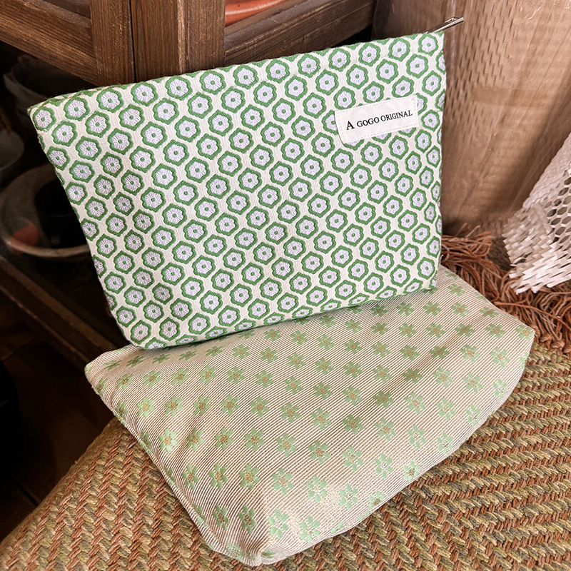 Cross-border Green cosmetic bag green window flower skin care storage bag canvas travel wash bag clutch liner bag