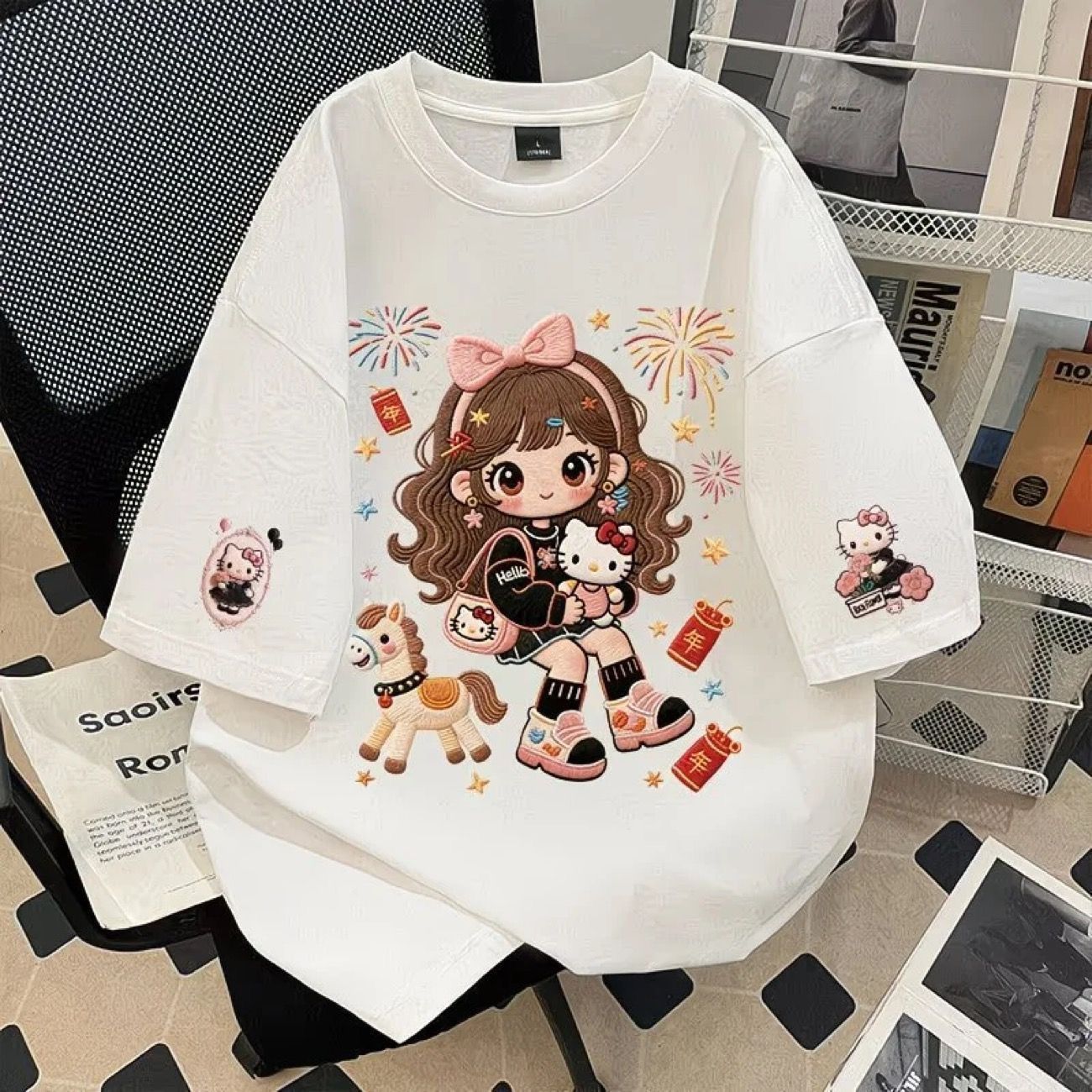 2026 Summer Women's Pure Cotton Short-Sleeve T-Shirt, Cartoon Style, Imitation Embroidery Print, New Loose Fit Top
