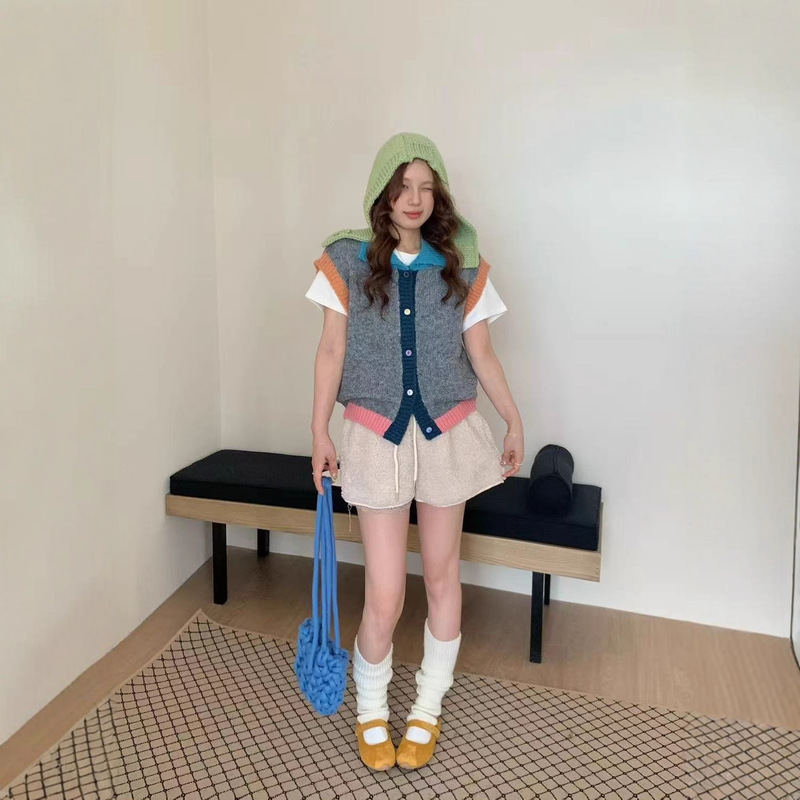 韩系撞色针织马甲 Polo 领设计彩色纽扣显瘦软糯针织毛衣背心女装|undefined
